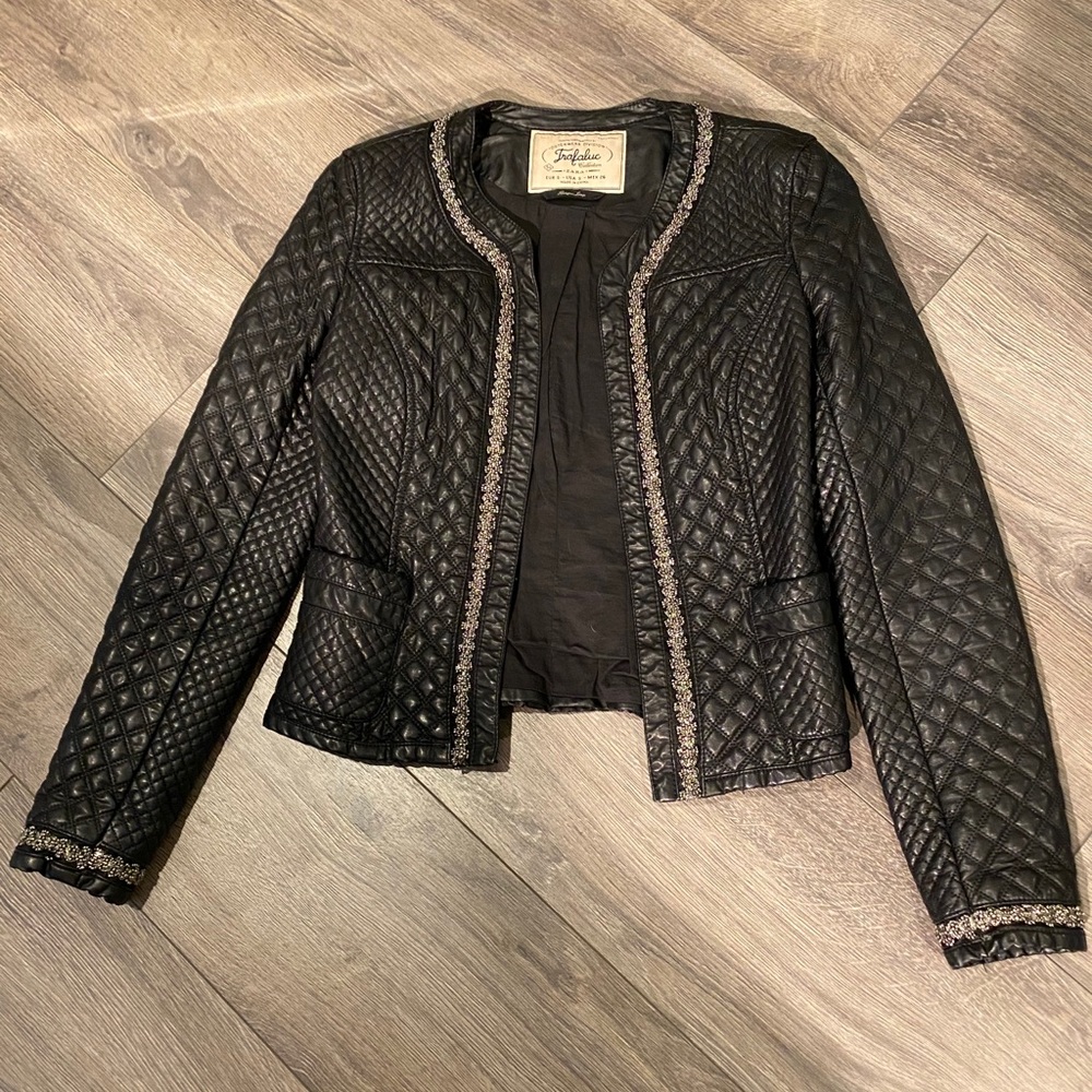Zara beaded trim black quilted leather jacket SM